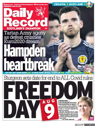 Daily Record (UK) Newspaper Front Page for 23 June 2021