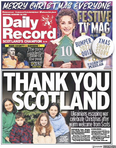 Daily Record (UK) Newspaper Front Page for 24 December 2022