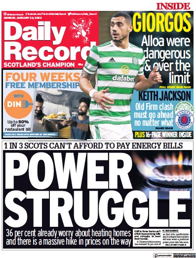 Daily Record (UK) Newspaper Front Page for 24 January 2022