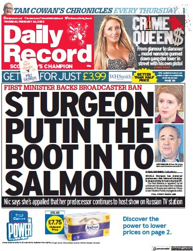 Daily Record Newspaper Front Page for 24 February 2022