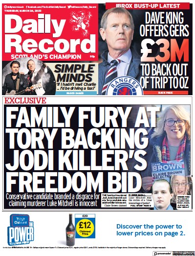Daily Record Newspaper Front Page for 24 March 2022