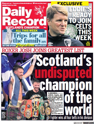Daily Record Newspaper Front Page for 24 May 2021