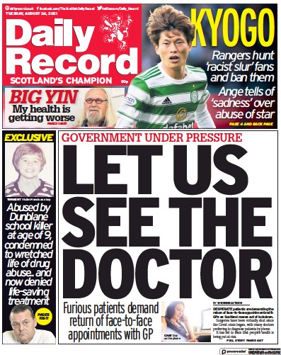 Daily Record (UK) Newspaper Front Page for 24 August 2021