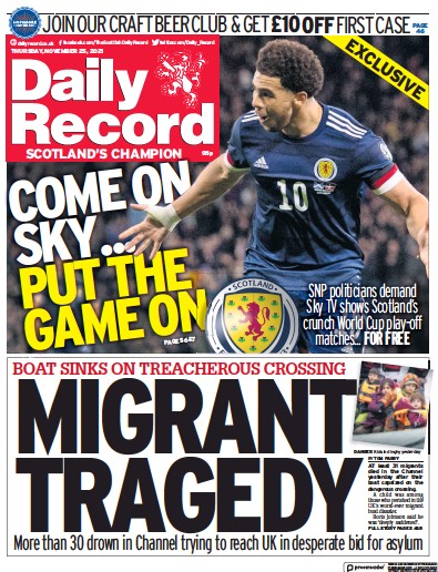 Daily Record (UK) Newspaper Front Page for 25 November 2021