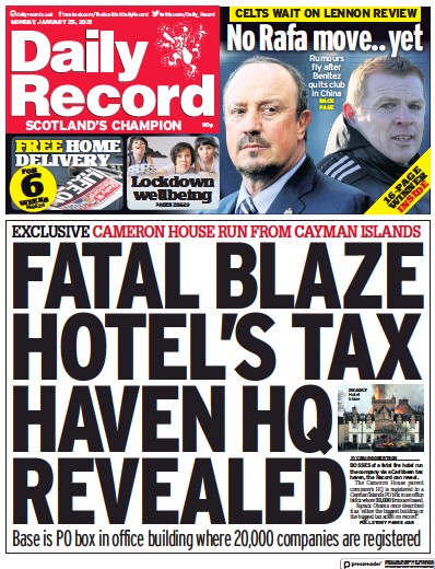 Daily Record Newspaper Front Page for 25 January 2021