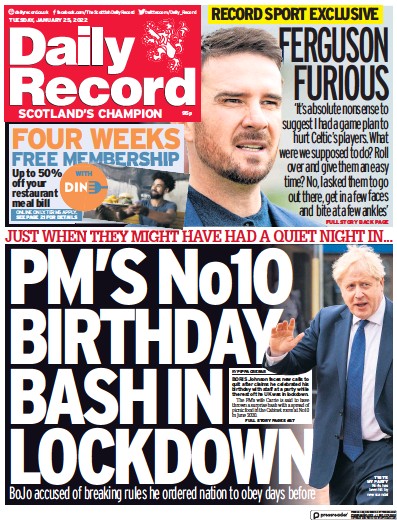 Daily Record (UK) Newspaper Front Page for 25 January 2022