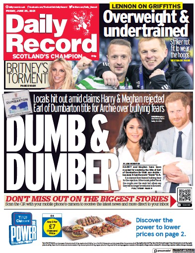 Daily Record (UK) Newspaper Front Page for 25 June 2021