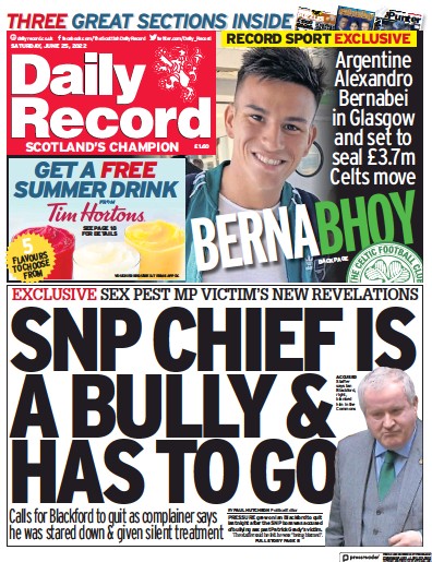 Daily Record (UK) Newspaper Front Page for 25 June 2022