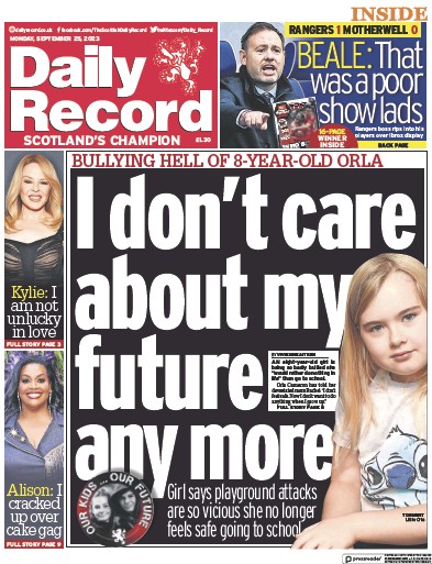 Daily Record Newspaper Front Page for 25 September 2023