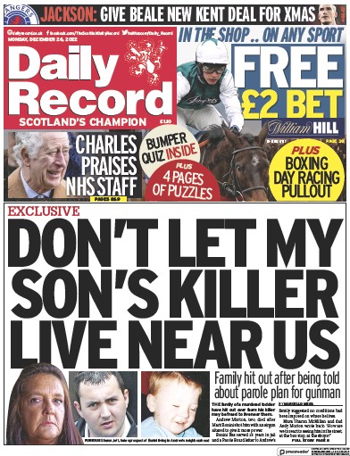 Daily Record Newspaper Front Page for 26 December 2022