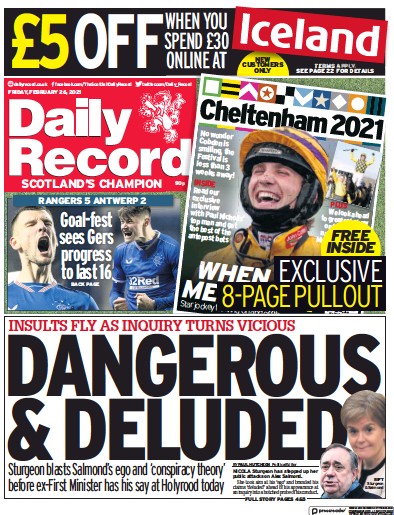 Daily Record Newspaper Front Page for 26 February 2021