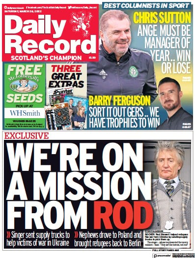 Daily Record Newspaper Front Page for 26 March 2022