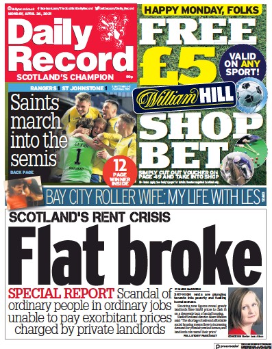 Daily Record (UK) Newspaper Front Page for 26 April 2021