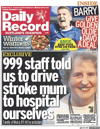 Daily Record Newspaper Front Page for 27 December 2022