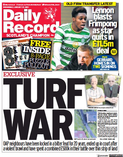 Daily Record (UK) Newspaper Front Page for 27 January 2021
