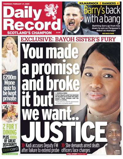 Daily Record (UK) Newspaper Front Page for 27 February 2025