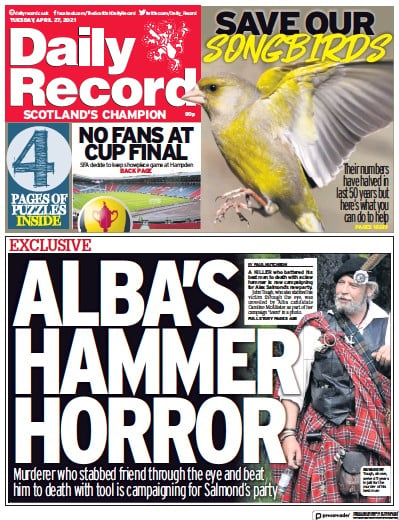 Daily Record (UK) Newspaper Front Page for 27 April 2021