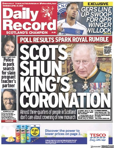 Daily Record (UK) Newspaper Front Page for 27 April 2023