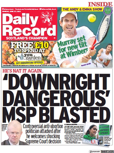 Daily Record (UK) Newspaper Front Page for 27 June 2022