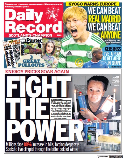 Daily Record (UK) Newspaper Front Page for 27 August 2022