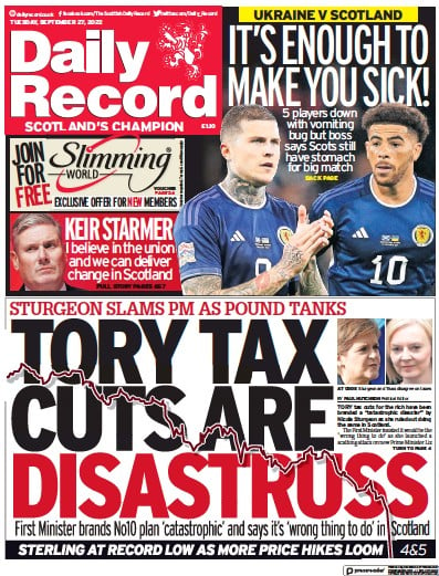 Daily Record (UK) Newspaper Front Page for 27 September 2022