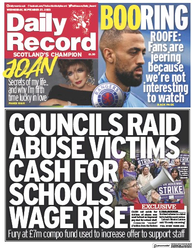 Daily Record Newspaper Front Page for 27 September 2023