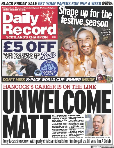 Daily Record (UK) Newspaper Front Page for 28 November 2022