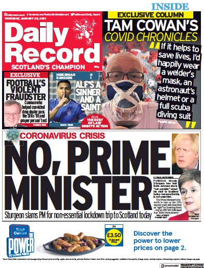 Daily Record Newspaper Front Page for 28 January 2021