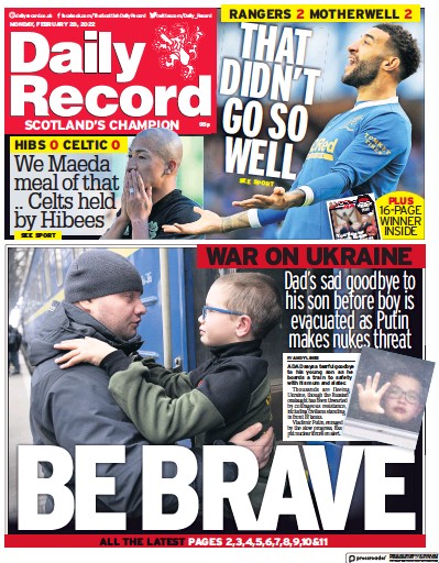 Daily Record Newspaper Front Page for 28 February 2022