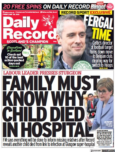 Daily Record Newspaper Front Page for 28 May 2021