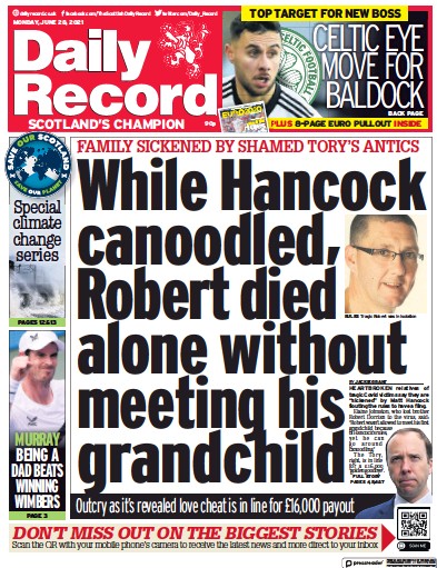 Daily Record (UK) Newspaper Front Page for 28 June 2021