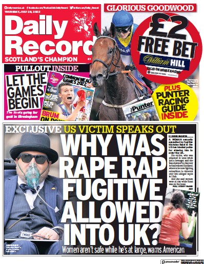 Daily Record Newspaper Front Page for 28 July 2022