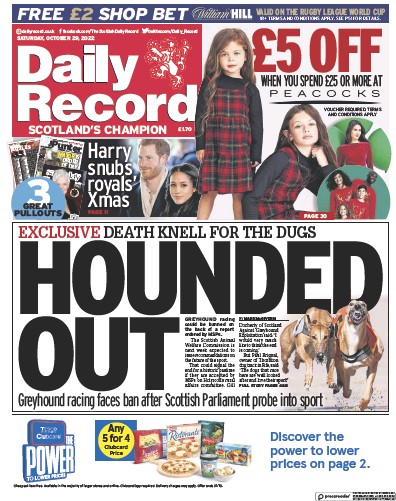 Daily Record Newspaper Front Page for 29 October 2022