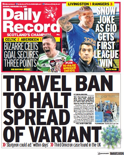 Daily Record (UK) Newspaper Front Page for 29 November 2021