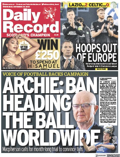 Daily Record (UK) Newspaper Front Page for 29 November 2023