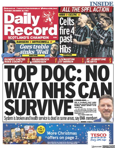 Daily Record (UK) Newspaper Front Page for 29 December 2022