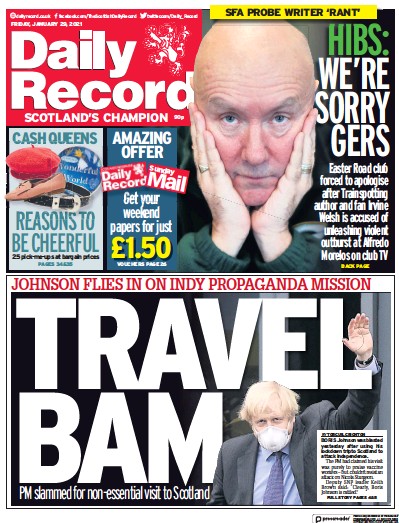 Daily Record Newspaper Front Page for 29 January 2021