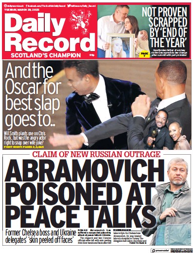 Daily Record (UK) Newspaper Front Page for 29 March 2022
