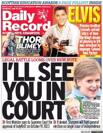 Daily Record (UK) Newspaper Front Page for 29 June 2022