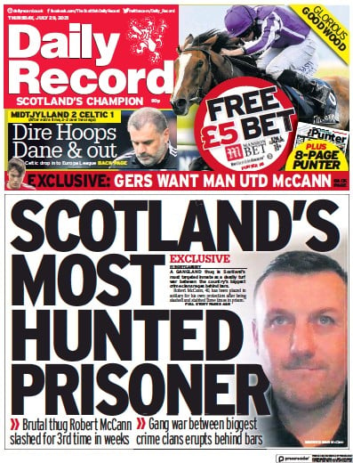 Daily Record (UK) Newspaper Front Page for 29 July 2021