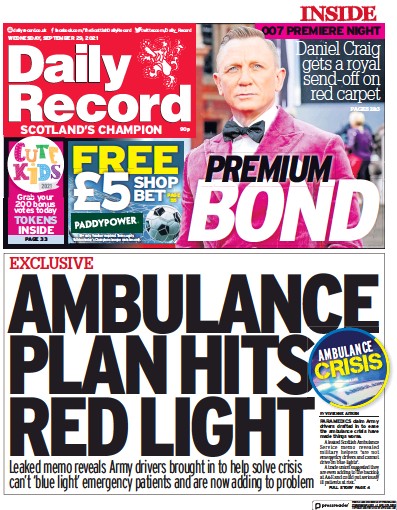 Daily Record (UK) Newspaper Front Page for 29 September 2021
