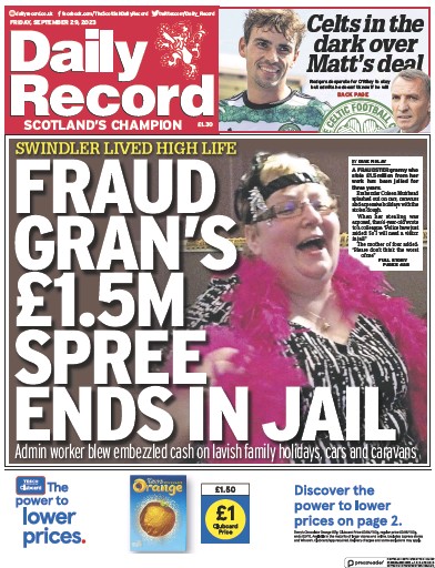 Daily Record Newspaper Front Page for 29 September 2023