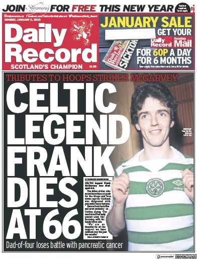 Daily Record (UK) Newspaper Front Page for 2 January 2023