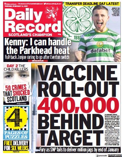 Daily Record Newspaper Front Page for 2 February 2021