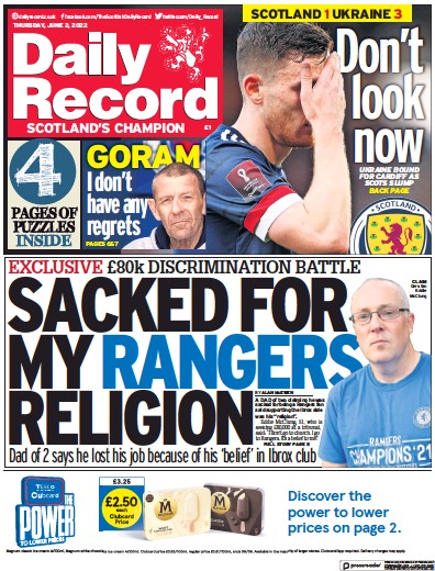 Daily Record (UK) Newspaper Front Page for 2 June 2022