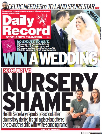 Daily Record (UK) Newspaper Front Page for 2 August 2021