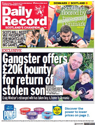 Daily Record (UK) Newspaper Front Page for 2 September 2021
