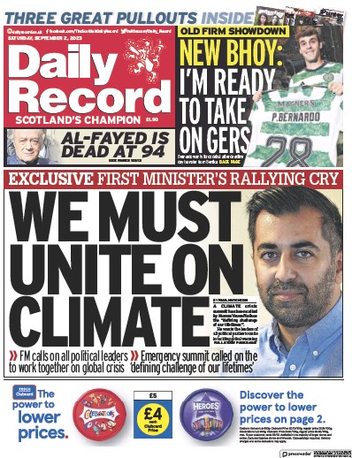 Daily Record (UK) Newspaper Front Page for 2 September 2023