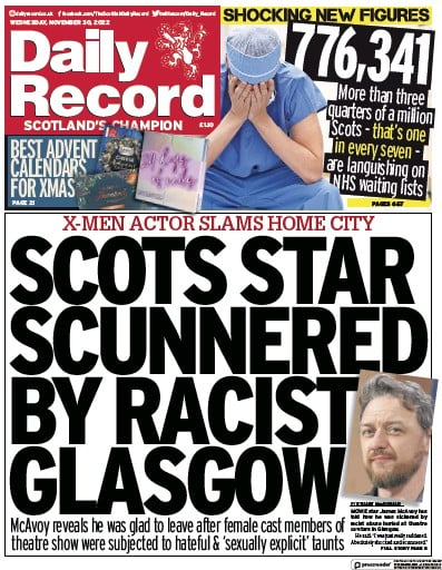 Daily Record (UK) Newspaper Front Page for 30 November 2022