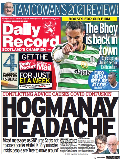 Daily Record (UK) Newspaper Front Page for 30 December 2021